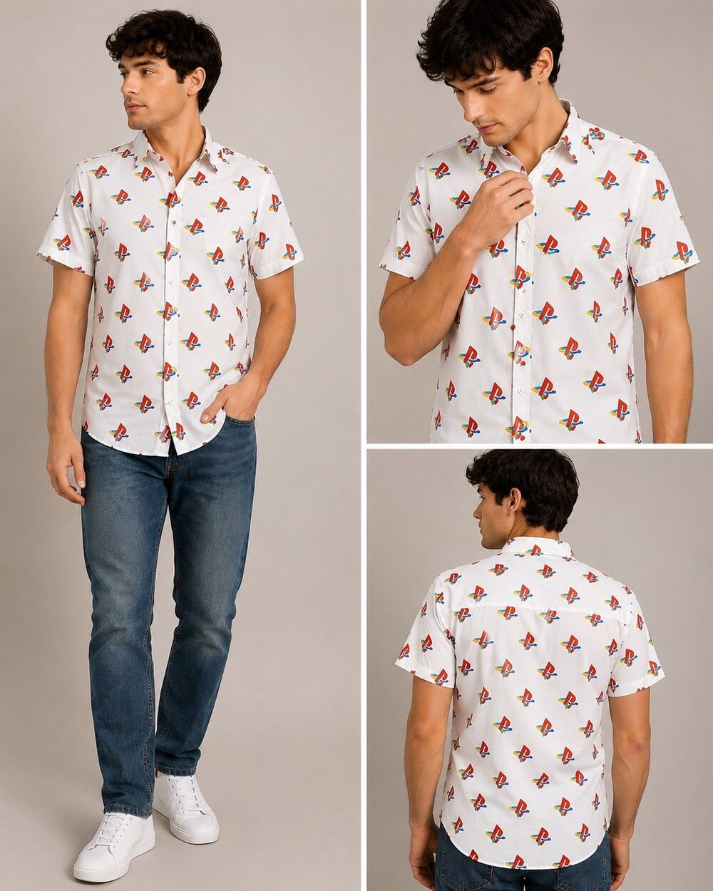 PlayStation Logo Button Up Shirt Men's M White Short Sleeve Gamer Casual AOP